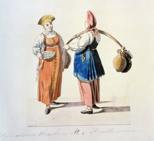 シリーズ sur les marchands de Moscow: 乳製品。 Dairywoman (シリーズ「モスクワの商人」より)。 クリスチャン・ゴットフリート・ハインリッヒ・ガイスラー (1770-1844) による素描 作： Christian Gottfried Geissler