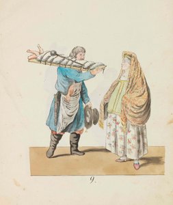 板に豚を乗せた肉屋と女商人 「サンクトペテルブルグ…」シリーズより、1799年。 作： Christian Gottfried Heinrich Geissler