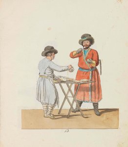 キッセルの売り手と邸宅の御者 1799 年、サンクトペテルブルクの行商人シリーズより。 作： Christian Gottfried Heinrich Geissler