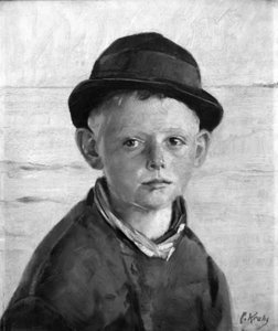 海辺の漁師の少年、夕日 作： Christian Krohg