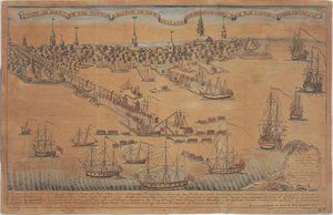 ニュー イングランドのボストンの町の一部と軍隊を上陸させるイギリスの軍艦の眺め! 作： Christian Remick