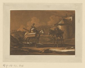 城壁の外に荷を積んだ 2 頭の馬、そのうちの 1 頭は子供 騎手と馬と戦い (シリーズタイトル) 作： Christian Rugendas