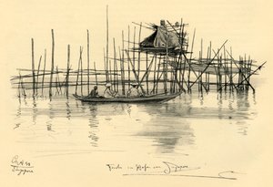 1898 年、シンガポール港の高床式の家と漁師。 作： Christian Wilhelm Allers