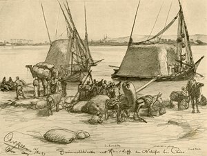 1898 年、エジプト、カイロ、ナイル川で綿を穀物ボートに積み込む。 作： Christian Wilhelm Allers