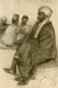 1898年、エジプトの蒸気船「ハタソー」に乗って水パイプを吸っている男性。 作： Christian Wilhelm Allers