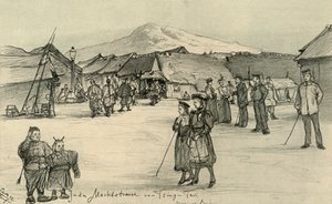 しだれ市場、青島、中国、1898年。 作： Christian Wilhelm Allers