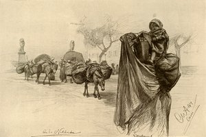 1898 年、カイロ、コブリ エル ゲジーラ橋の近くの女性と子供。 作： Christian Wilhelm Allers