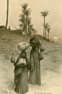 1898年、エジプト、カイロ、ナイル川のほとりで水差しを運ぶ女性たち。 作： Christian Wilhelm Allers