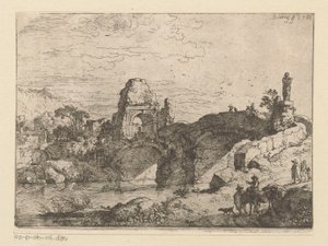 老朽化した橋の横にある門の廃墟のある風景 作： Christian Wilhelm Ernst Dietrich