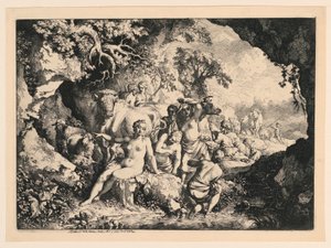 洞窟の近くで水浴びをするニンフ 作： Christian Wilhelm Ernst Dietrich