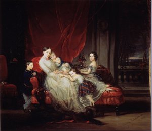 「ロシア大公女マリー・ニコライエフナ (1819-1876) と 4 人の子供 (マリー、ニコラス、ユージェニー、ユージーン・ベベ) の肖像」 クリスティーナ・ロバートソン (1796-1854) による絵画 1849 州立ロシア美術館、サンクトペテルブルク 作： Christina Robertson