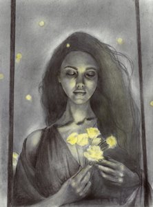 夢見心地な女性と輝く花々 作： 
