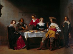 クリストフ・ファン・デル・ラーメン（1606-1651）の絵画「社交界の食事」の詳細（ec.flam） 17世紀 ルーアン、ボザール美術館。 作： Christoffel Jacobsz van der Lamen