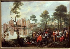 胆沢な情景の公園でのおやつ。クリストフ・ファン・デル・ラメン（1606-1651）の絵 作： Christoffel Jacobsz van der Lamen