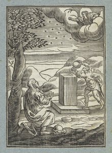 アブラハムとの神の契約。 ヤコブは寝床の石に油を注ぐ 作： Christoffel van Sichem (II)