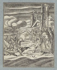 コラ、ダタン、アビラムとその家族は地に飲み込まれる 作： Christoffel van Sichem (II)