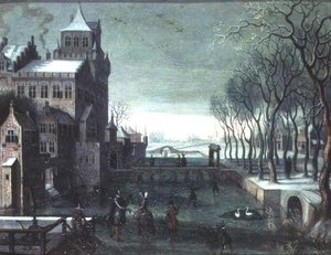 濠のある城のそばでスケートをする人々のいる冬の風景 作： Christoffel van den (circle of) Berghe