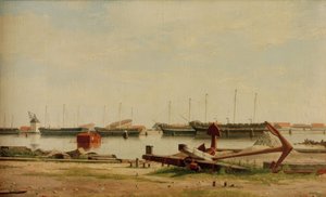 クレーンと軍艦のあるニホルムの眺め 作： Christoffer Wilhelm Eckersberg