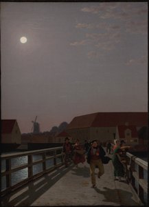 コペンハーゲンのランゲブロ、月明かりの中、走る人影とともに 作： Christoffer Wilhelm Eckersberg