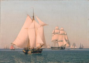 晴れた夏の午後、そよ風に乗って航海中の船 作： Christoffer Wilhelm Eckersberg