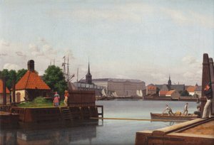 アジアティックカンパニーのサイトから見た、ブルス、クリスチャンスボー、ホルメンの教会。 作： Christoffer Wilhelm Eckersberg