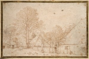 茅葺きの建物、裸同然の木、雁の群れ（紙にペン＆インク 作： Kosma Sergejewitsch Petrow Wodkin