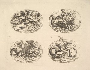 海の怪物を描いたプッティ、ノイエ・グロテッケン・ブーフのプレート、1610年。 作： Christoph Jamnitzer
