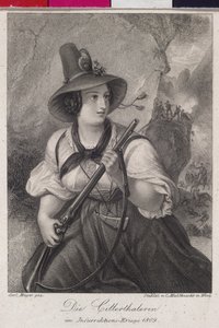 1809年、自由を求めるチロルの闘いにおけるツィラタール（谷）の少女たち（エングレーヴィング） 作： Christoph Mahlknecht