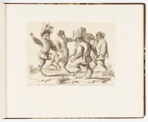 プレート 12、Le Branle (The Branle)、サルのおふざけまたはサルによって表される人間の生活のさまざまな行動 作： Christophe Huet
