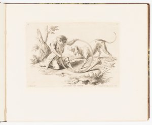 プレート 2、Le Corps de Chasse (狩猟笛)、猿のふざけた態度、または猿によって表される人間の生活のさまざまな行動 作： Christophe Huet