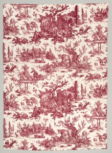 Les plaisirs de la ferme のデザインが施された銅版印刷されたコットンのストリップ、1785～1790 年。