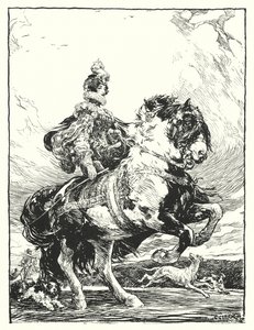 チューダー朝時代の衣装を着た女性が馬に乗って狩りをする様子（リトグラフ 作： Christopher (after) Clark