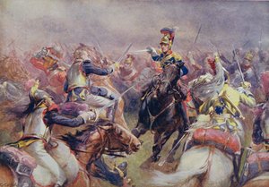 1915年に最初に発行されたサーイブリンウッド（1838-1919）が編集した「陸と海のイギリスの戦い」からのウォータールーでのフランスのキュラシエに対する重旅団の告発 作： Christopher Clark