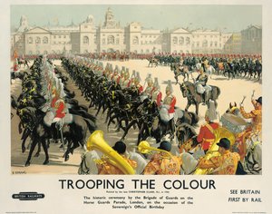 イギリス国鉄の広告ポスター「トゥルーピングザカラー」、1950年頃（カラーリトグラフ） 作： Christopher Clark