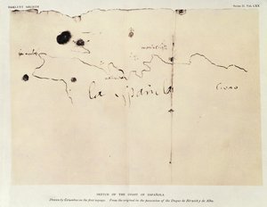 コロンブスが最初の航海で描いたエスパニョーラ島の海岸のスケッチ。ベルウィックイデアルバ公爵の所有する原本から1492年（紙にインク）