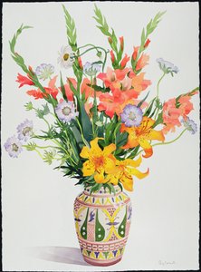 モロッコの花瓶（wc）のオレンジと青の花 作： Christopher Ryland