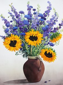 茶色の水差しの夏の花（紙に水彩） 作： Christopher Ryland