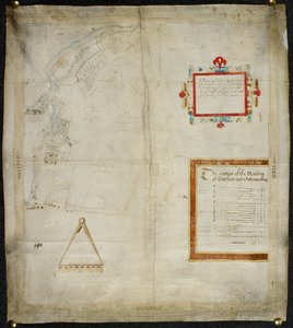 ケント州マーストンとシッティングボーンのベイフォード荘園とグッドマンストン荘園の地図。ケント州: 1590年 (ヴェラムにインクとカラーウォッシュ) 作： Christopher Saxton