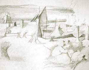 ブルトン島の漁村、1929-30年頃（紙に鉛筆） 作： Christopher Wood