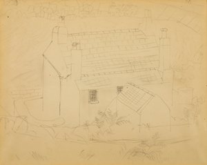 コテージ、コーンウォール (紙に鉛筆) 作： Christopher Wood