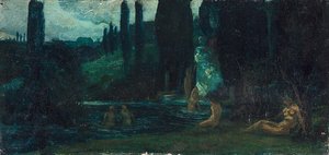 南部の風景の中で夕方に水浴びをする女性 作： Circle of Arnold Böcklin