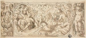 ヨセフが兄弟に夢を解釈する装飾フリーズのデザイン 作： Circle of Giovanni Battista Castello