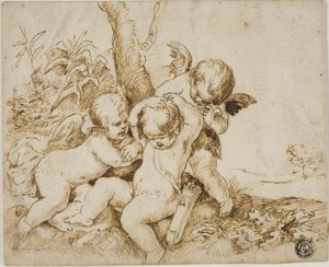 3人目を目隠しする2人のプッティ 作： Circle of Guido Reni