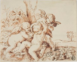 3人目を目隠しする2人のプッティ 作： Circle of Guido Reni