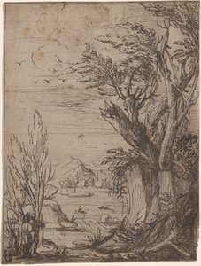 節くれだった木と漁師のいる風景 作： Circle of Jacques de Gheyn