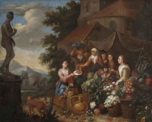 イタリアの屋台で野菜や花を売る。 作： Circle of Norbert van Bloemen
