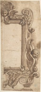 天使、うずまき、花輪で飾られたハーフ フレームのデザイン、1634-89 年。 作： Ciro Ferri.