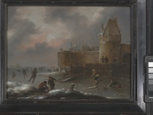 スケーターのいる冬景色、1660年頃、木に油彩 作： Claes (1630 76) Molenaer