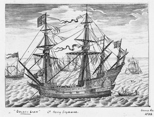 40連装砲艦「ライオン」（1557年、別名「ゴールデン・ライオン」）、17世紀半ば（エングレーヴィング） 作： Claes Jansz Visscher