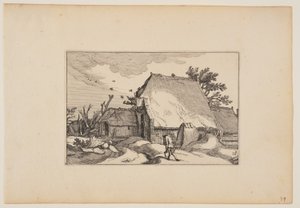 農場、正面の小道で2つのバケツを持つ男、風景より（Verscheyden aerdige Lanthuysen...） 作： Claes Jansz. Visscher